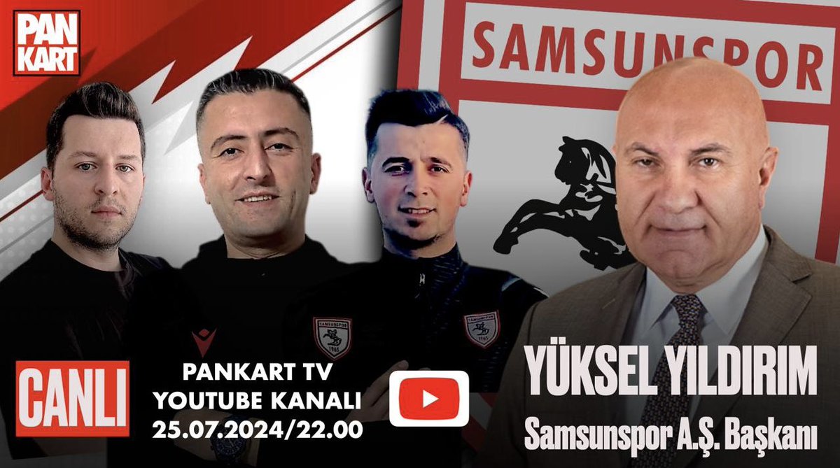 ZaferKose55's tweet photo. Pankart Tv YouTube kanalımızın ve 2024-2025 Futbol Sezonunun açılışını Kulüp Başkanımız Sayın Yüksel YILDIRIM ile birlikte yapıyoruz!🔥
Bu Akşam Saat:22.00’da merak edilen tüm konular eşliğinde Pankart Tv’de sizlerleyiz!⏳
@YY_Samsun 
#Samsunspor https://t.co/dc92LwI2nn