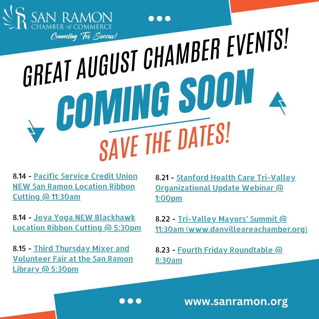 Check out the exciting San Ramon Chamber of Commerce events this August! 
Visit sanramon.org to register now!

#sanramon #sanramonchamber #40yearsofsanramonchamber #sanramoncalifornia #sanramonca #cityofsanramon #localbusiness #connectingforsuccess #shopsanramon