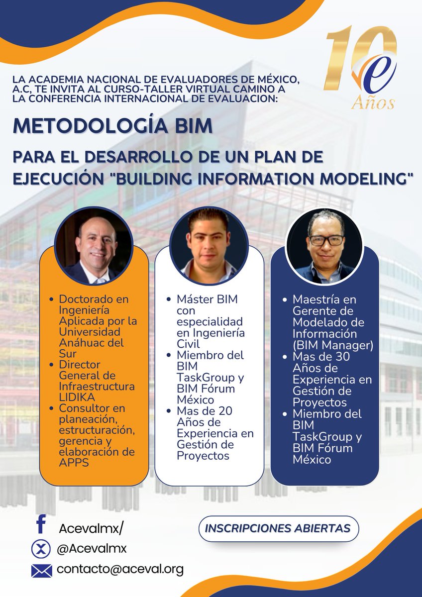 ACEVAL te invita al Curso-Taller "Metodología BIM. Para el Desarrollo de un Plan de ejecución BIM" El 24 de agosto de 9 a 15 hrs, 30 de agosto y 6 de septiembre de 6 a 9 hrs DCMX. Vía zoom
Registro: forms.gle/NtffWTxtPUPEwe…
Descuento en: contabilidad@aceval.org