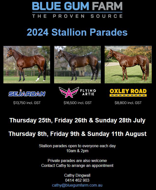 BlueGumFarm's tweet photo. Come join us at the 2024 @BlueGumFarm Stallion Parades 🐴🐴🐴
https://t.co/Lj5jbzG4WL
#BlueGumFarm #TheProvenSource #FlyingArtie #Sejardan #OxleyRoad #StallionsOf2024 #BreedingEliteRacehorses #StallionParade
@TbredPreview @thethoroughbred @breednet @BreednetNews @AusBreeders @TheOwnerBreeder @vicbreeders @VicStallions @anz_news @vicbreeders