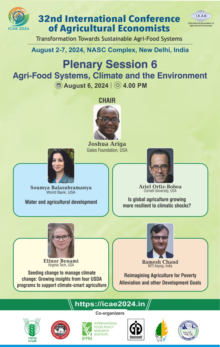 icae2024 (@icae2024) on Twitter photo ✨🌱Don't miss out on this exciting plenary session on Agri-Food Systems, Climate and the Environment! Hear from the leading experts in this field.
📅August 6, 2024 | 4:00 PM. #AgEcon #ICAE2024 #MeetinDelhi
#JoshuaAriga <a href="/soumyahb/">Soumya Balasubramanya</a> <a href="/ArielOrtizBobea/">Ariel Ortiz-Bobea</a> <a href="/ebenami/">Elinor Benami</a> <a href="/Ramesh_ChandDr/">Ramesh Chand 🇮🇳</a> ✨🌱Don't miss out on this exciting plenary session on Agri-Food Systems, Climate and the Environment! Hear from the leading experts in this field.
📅August 6, 2024 | 4:00 PM. #AgEcon #ICAE2024 #MeetinDelhi
#JoshuaAriga <a href="/soumyahb/">Soumya Balasubramanya</a> <a href="/ArielOrtizBobea/">Ariel Ortiz-Bobea</a> <a href="/ebenami/">Elinor Benami</a> <a href="/Ramesh_ChandDr/">Ramesh Chand 🇮🇳</a>