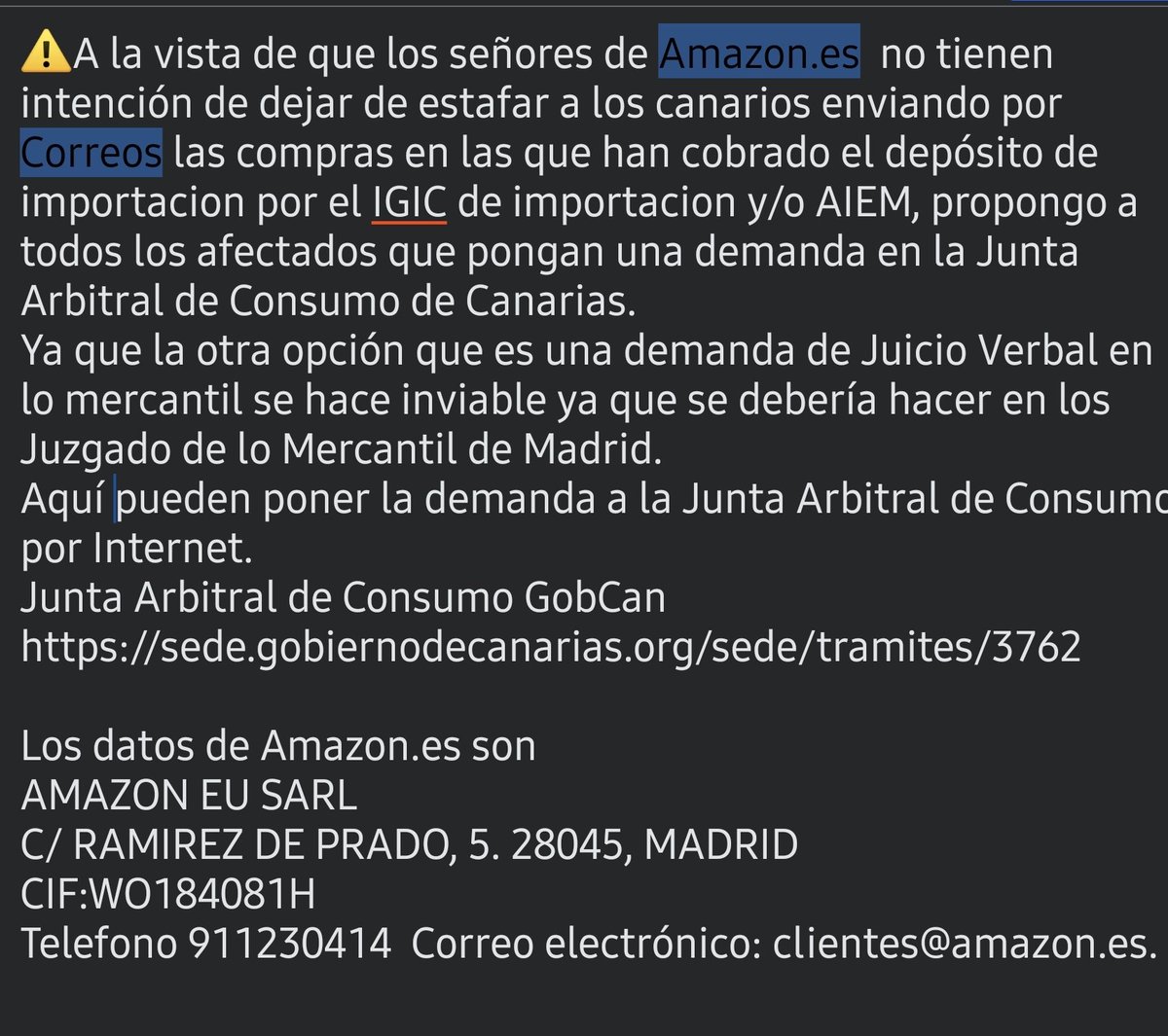 AutodespachoCan's tweet image. @AmazonNewsESa 
A ver si de una vez dejan de estafar a Canaria cobrando depósito de importacion del IGIC y luego enviando la compra con @Correos,q se lo vuelve a cobrar a la entrega a los canarios.
Si cobran el depósito envíelo con quién tenga contrato DDP:SEUR,DHL,CORREOSEXPRES