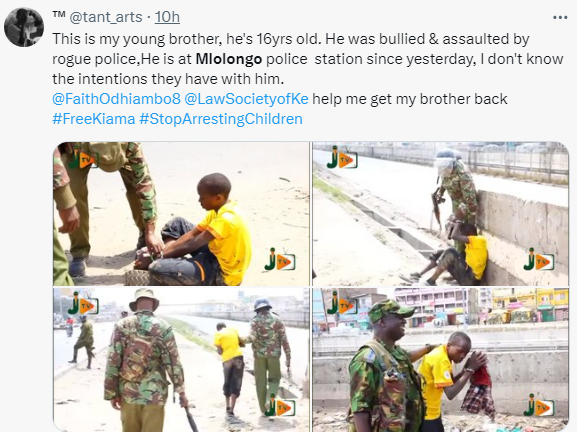 RealOmtatah's tweet photo. Kiama is a 16-year old who was arrested, assaulted, n locked by police in Mlolongo. Retweet widely until this guy finds his brother. 
#FreeKiama #OccupyCBDThursday James Orengo Gabriel Oguda Moses Kuria Aisha Jumwa https://t.co/4kgo98E5lv