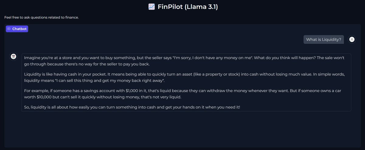 aprathore09's tweet photo. Exploring Gradio to create UIs easily!

Gradio allows us to create UIs with just a few lines of code. I built a chatbot with Meta's Llama-3.1 to simplify complex financial terms.

More to come🙂 #0to100xEngineer
@100xengineers @geeksiddhant @thesidboson #Meta #llama31  #Finance https://t.co/WGsK5iPp51