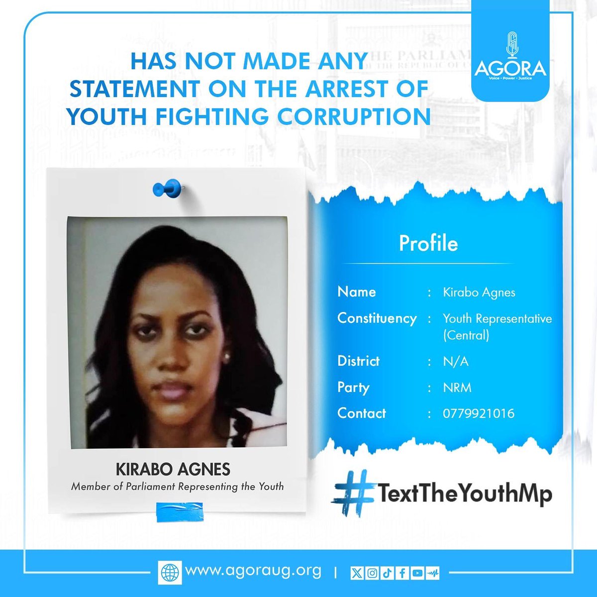 AgoraCFR's tweet photo. Text the Youth Representative Central for Youth and ask her why she has not made any statement on the arrest of Youth fighting Corruption. #TextTheYouthMP https://t.co/TG4lxg2uLT