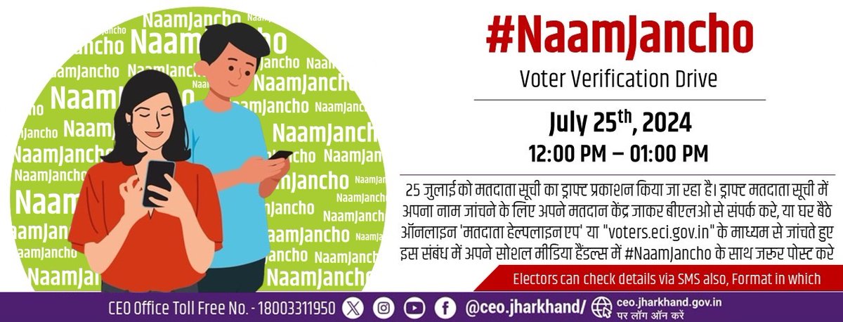 क्या आपको पता है कि आज मतदाता सूची का ड्राफ्ट प्रकाशन हो गया है? इस ड्राफ्ट मतदाता सूची में अपना नाम अगर आपने अभी तक नहीं जांचा है तो कृपया अपने मतदान केंद्र जाकर नाम जांच लें।आज सभी मतदान केंद्रों पर BLO ड्राफ्ट मतदाता सूची के साथ मौजूद हैं। #NaamJancho  <a href="/ECISVEEP/">Election Commission of India</a> <a href="/ceojharkhand/">Chief Electoral Officer, Jharkhand</a>