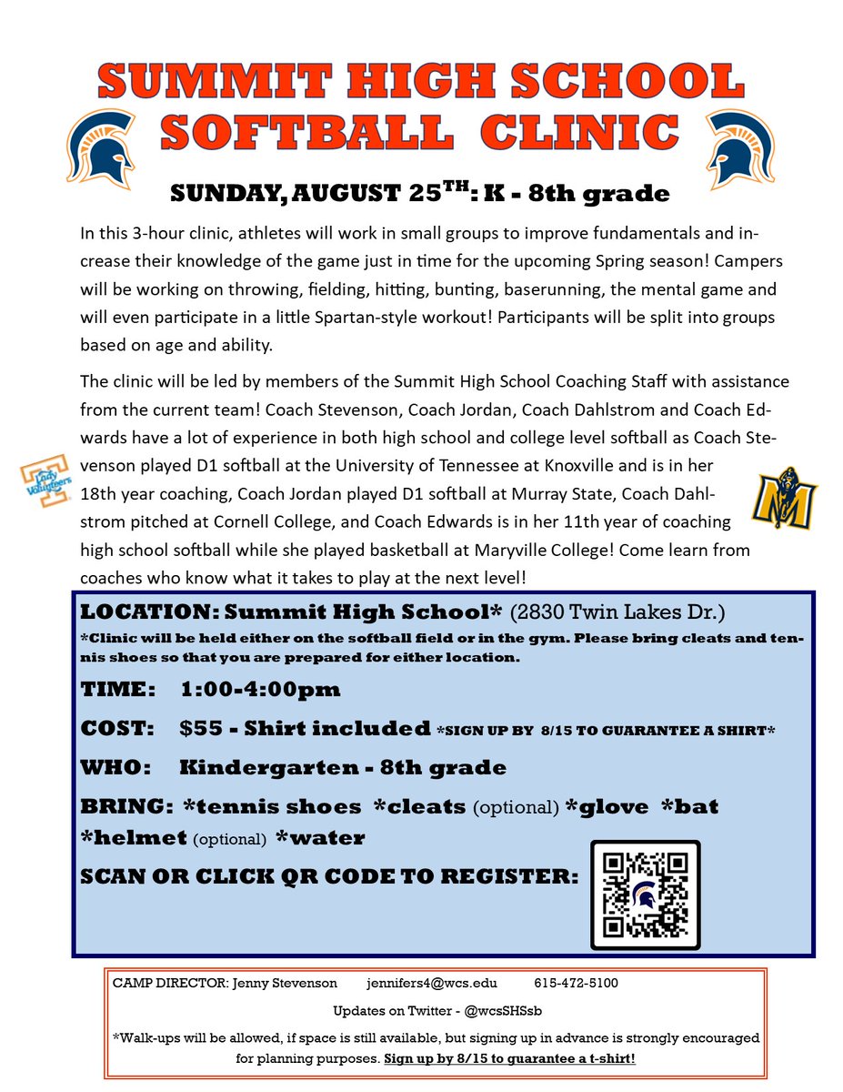 Summit Softball (@wcsshssb) on Twitter photo ****Our next SOFTBALL CLINIC is scheduled for Sunday, August 25th!*****We had so much fun at our clinic in February that we decided to do add one for August this season! We look forward to working with you all again! Sign up by August 15th to guarantee a t-shirt! <a href="/wcsSHSAthletics/">Summit Spartans Athletics (TN)</a> ****Our next SOFTBALL CLINIC is scheduled for Sunday, August 25th!*****We had so much fun at our clinic in February that we decided to do add one for August this season! We look forward to working with you all again! Sign up by August 15th to guarantee a t-shirt! <a href="/wcsSHSAthletics/">Summit Spartans Athletics (TN)</a>