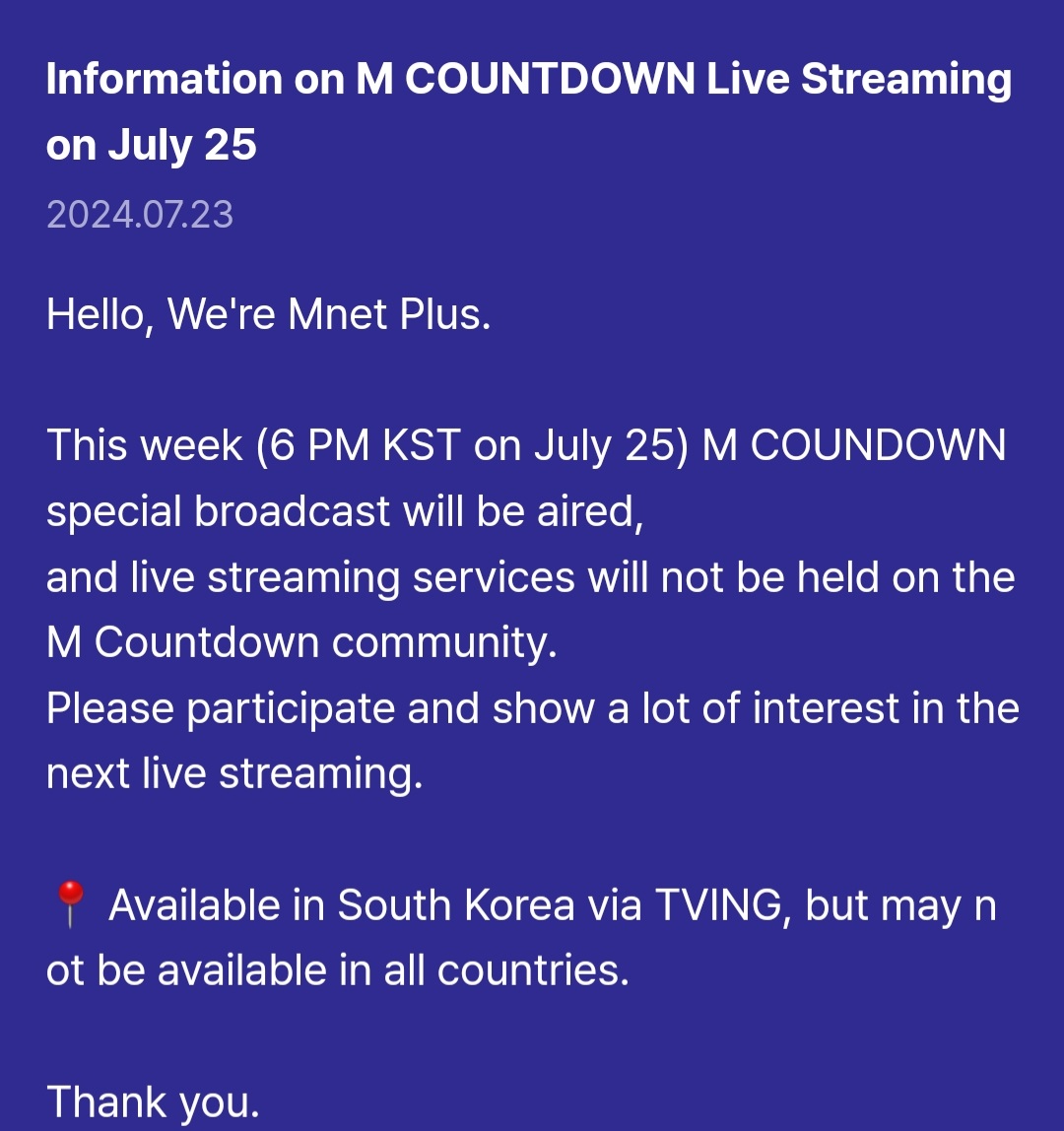 onlyARMYclvote's tweet photo. 🗳 Mcountdown

📢 Atención Army!!

Esta semana no se transmitirá el programa Mcountdown, por lo que no tendremos votación en vivo. https://t.co/jlEk7SOEi9