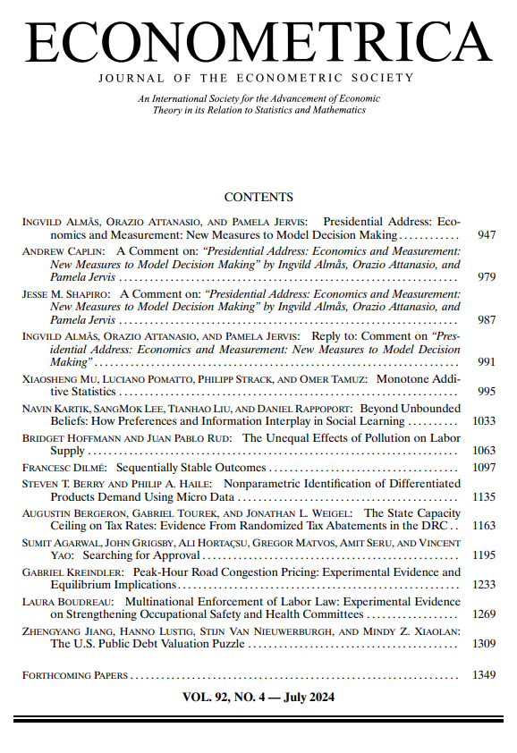 Econometrica (@ecmaeditors) on Twitter photo Econometrica Volume 92, Issue 4 (July 2024)  is now online
econometricsociety.org/publications/e… Econometrica Volume 92, Issue 4 (July 2024)  is now online
econometricsociety.org/publications/e…