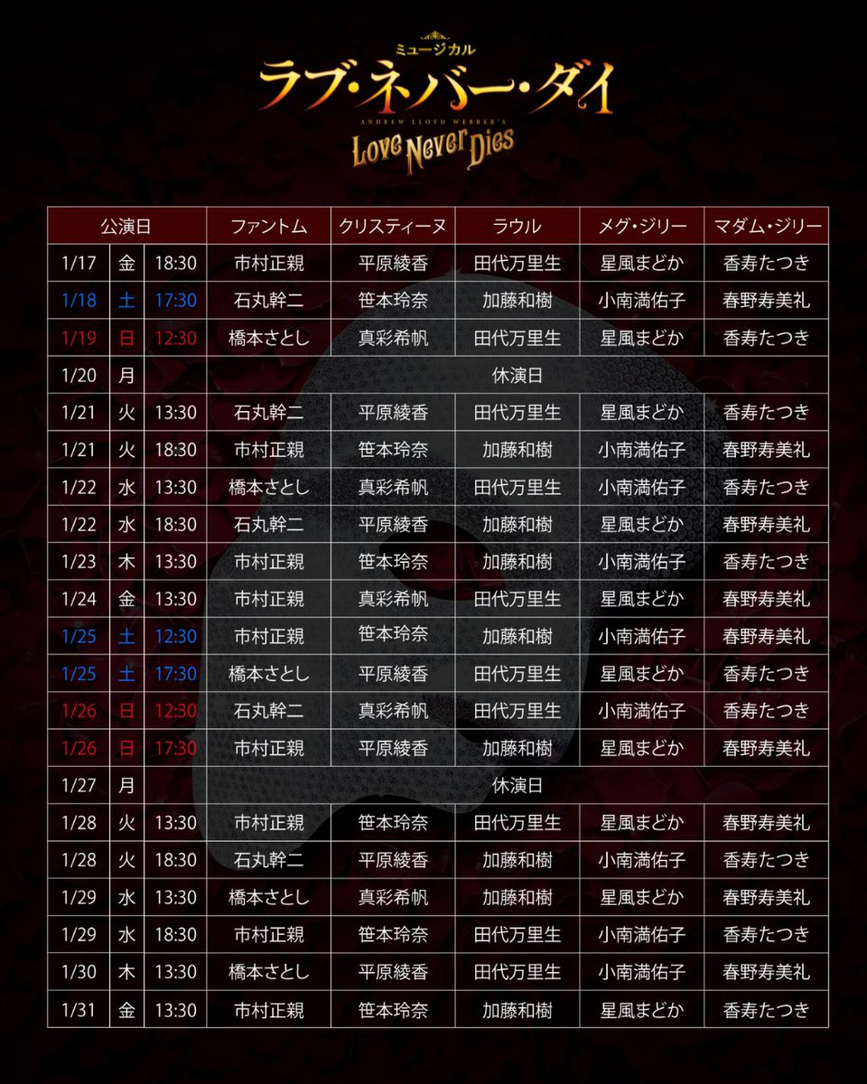 LND_2025's tweet image. ミュージカル『ラブ・ネバー・ダイ』

🎠キャストスケジュール解禁🎪
　　lnd2025.com 　

🌹8.1(木)～順次抽選先行開始

#市村正親 #石丸幹二 #橋本さとし
#平原綾香 #笹本玲奈 #真彩希帆 
#田代万里生 #加藤和樹 
#星風まどか #小南満佑子 
#香寿たつき #春野寿美礼 
#ラブネバーダイ
