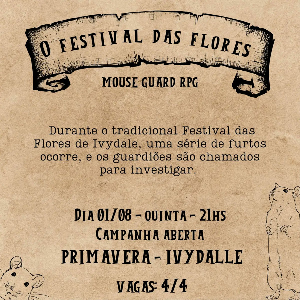 tophatpub's tweet photo. E as vagas da primeira quinzena de agosto da guilda de Mouse Guard estão liberadas. Não esqueçam de reservar suas vagas. https://t.co/iXWhNV48b8