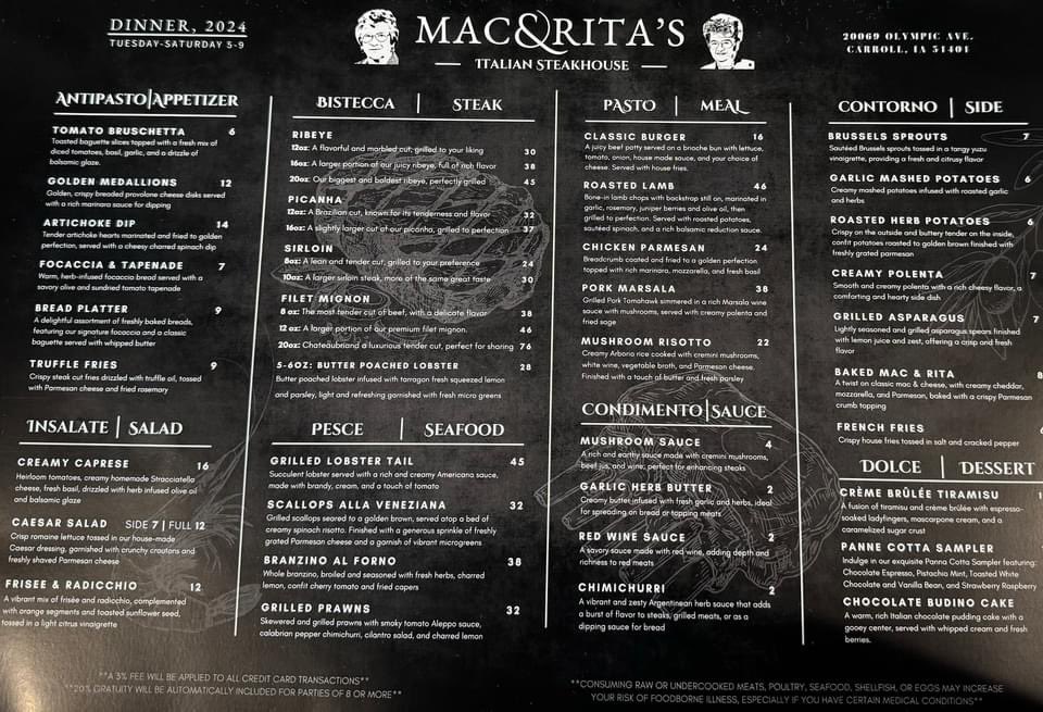 CarrollNational's tweet image. GUESS WHAT?!

We are incredibly excited to announce the opening of Mac &amp;amp; Rita’s Italian Steakhouse!

We are currently open Tuesday-Saturday from 5-9 for dinner. We ask parties of 10 or more to call ahead at 712-775-2280!

We can’t wait to see you!