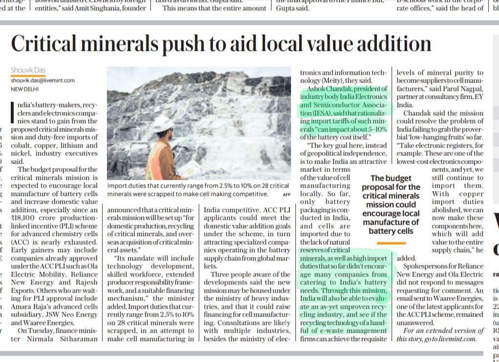 ShridhantS's tweet photo. Recycling industries main stream

Decades theme ready.

कचरा सै सोना!!

Critical minerals mission

FM has proposed to exempt custom duties on 25 critical minireal &amp; reduce BCD on two them.

Benifcry company......
#POCL
#Gravita
#nile
#ecoreco
#Recycling https://t.co/KfPMd8gQGf