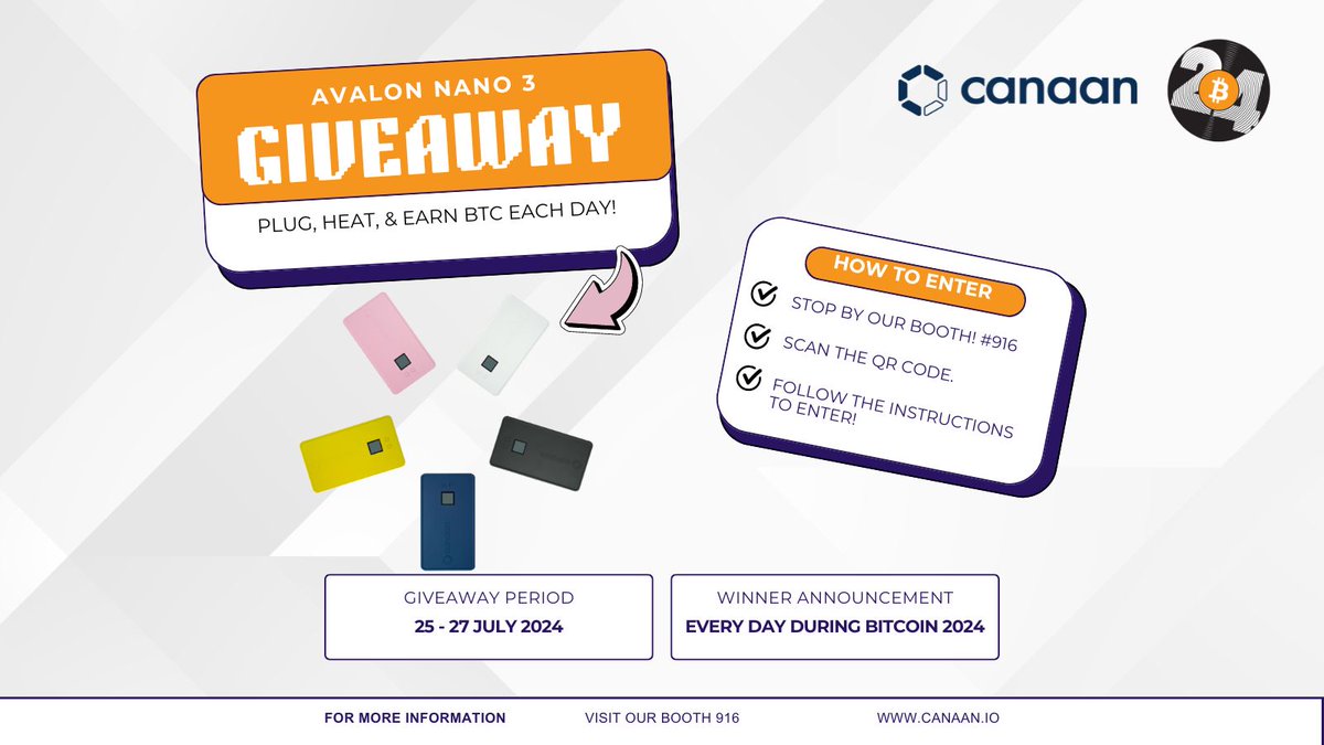 Make sure to stop by booth #916 and enter to win out fan favorite, the Avalon Nano 3! We will pick a new winner each day! Good Luck! We cant wait to meet you! #Canaan #Bitcoin #Avalon