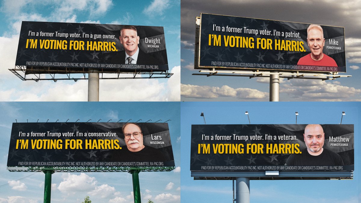 "I'm a former Trump voter. I'm voting for Harris."

Check out our new billboards of former Trump voters up now in MI, PA, and WI.