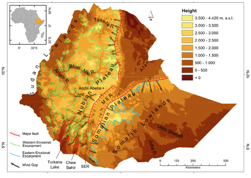 inasarhaye's tweet photo. 1/3 As #Somaliland seeks recognition and plans for #Berbera to compete with #Djibouti for trade with Ethiopia, it must consider Ethiopia's elevation map. 📊 The #Afar #depression (also known as the #AfarTriangle) plays a critical role in regional transport dynamics. 🌍 https://t.co/tJVH323Ypq