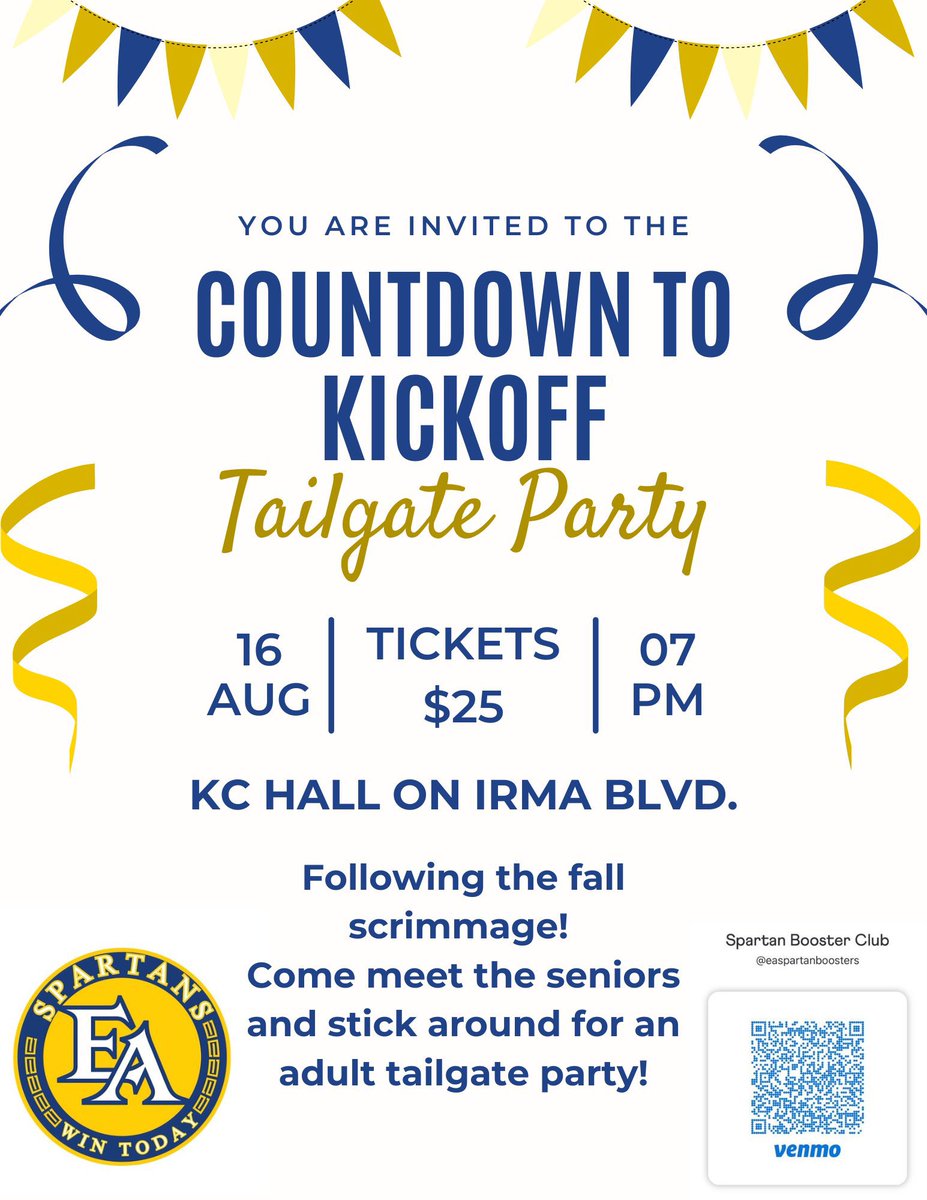The EA Booster Club is throwing a tailgate party at the KC Hall after the football scrimmage on Aug. 16. It’s the Countdown to Kickoff!