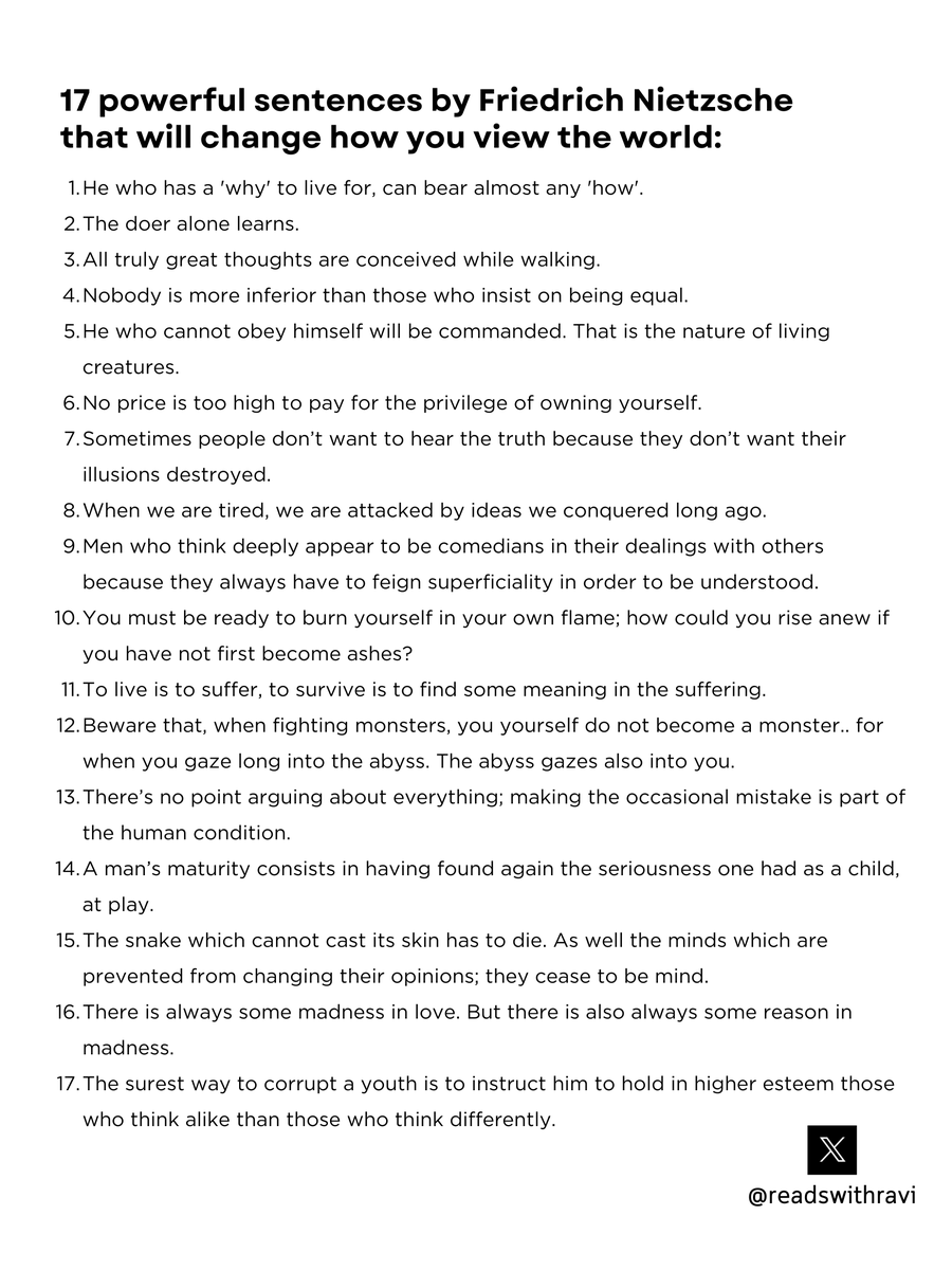 readswithravi's tweet photo. 17 powerful sentences by Friedrich Nietzsche that will change how you view the world: https://t.co/Tgg7Lcuhm7