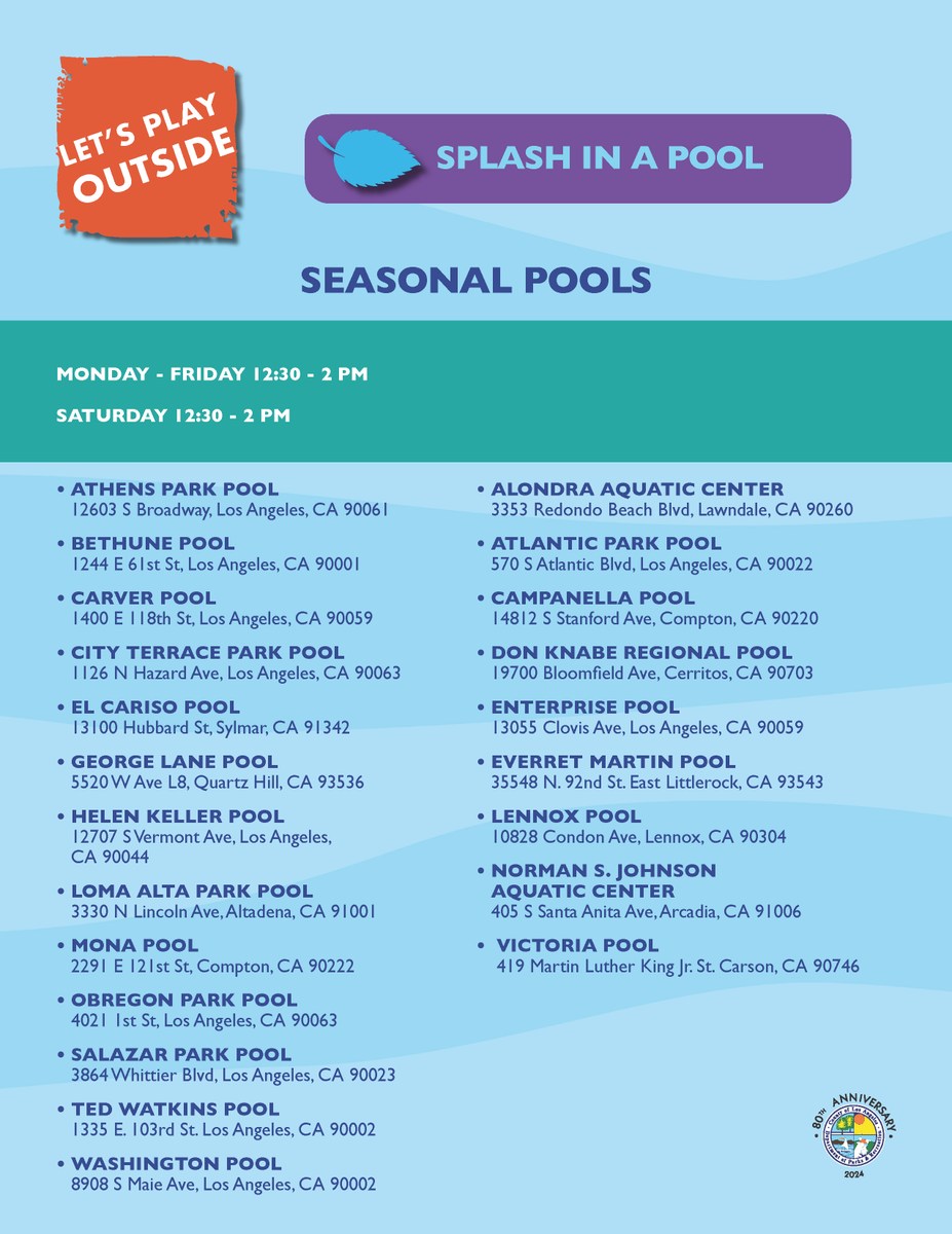 lacountyparks's tweet photo. 🌞 Dive into the last days of July with us! 🏊‍♂️💦

Splash in a Pool at select LA County Parks and inspire kids to Play Outside! 🏊🏼‍♀️

Join the fun, stay cool, and make a splash! 💦

For the full “Let’s Play Outside” schedule visit: https://t.co/7Xn5LXVk1g

#LetsPlayOutside https://t.co/Dm44wm6WS9