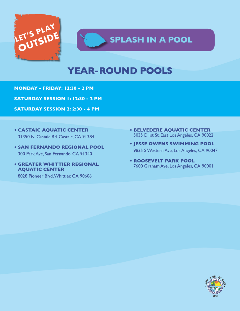 lacountyparks's tweet photo. 🌞 Dive into the last days of July with us! 🏊‍♂️💦

Splash in a Pool at select LA County Parks and inspire kids to Play Outside! 🏊🏼‍♀️

Join the fun, stay cool, and make a splash! 💦

For the full “Let’s Play Outside” schedule visit: https://t.co/7Xn5LXVk1g

#LetsPlayOutside https://t.co/Dm44wm6WS9