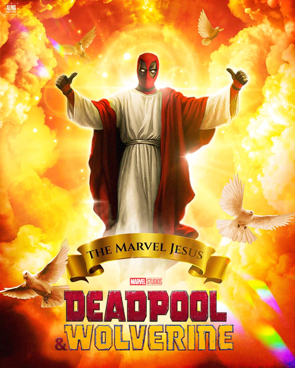 Alma_graficas's tweet photo. The Marvel Jesus @deadpoolmovie  I did this, hope you like it 🫰🏻🔥🖤 #DeadpoolAndWolverine  #Deadpool3 #RyanReynolds #HughJackman #Marvel #MarvelComics #mcu #dogpool https://t.co/gNYUek5Ixe