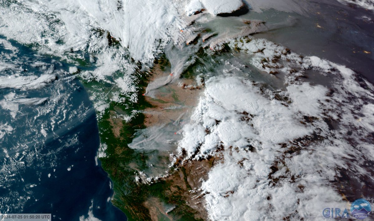 Remarkable satellite snapshot taken just minutes ago showing major #wildfires extending from Northern California northward through OR &amp; WA into British Columbia &amp; Alberta, with widespread thunderstorms elsewhere. Most of this region has experienced record heat in recent weeks.