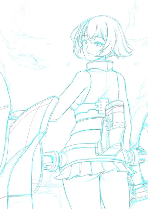 やっとペン入れ第一段階終わり。艤装描くの本当に苦手。直線ツールと曲線ツールでアンカーしながら形整えてるから時間もかかるねえ。 