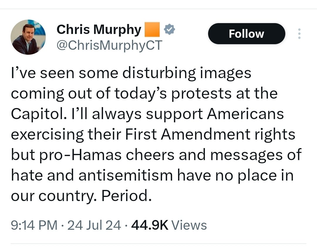 Sen. Chris Murphy (D-CT) was outraged by Netanyahu's suggestion that the protesters were Hamas sympathizers. 

A few hours later, he was disturbed to find out that the protesters that he defended were actually Hamas sympathizers. 

How it started         How it's going