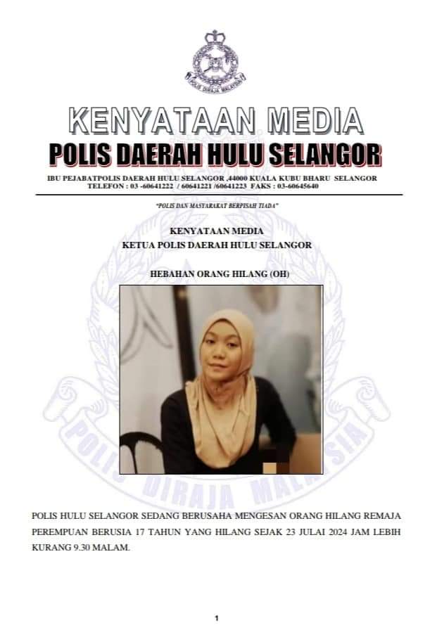 NewsBFM's tweet photo. Police are seeking the public's help to locate 17-year-old Nurul Aishah Farhana Azni who has been reported missing since Tuesday.

The teenager was last seen at Sakon Thai Restaurant, Jalan Mahagoni 7/1A Bandar Utama Batang Kali, Selangor, at 9.30pm.

🧵1 https://t.co/mZU6H2hYey
