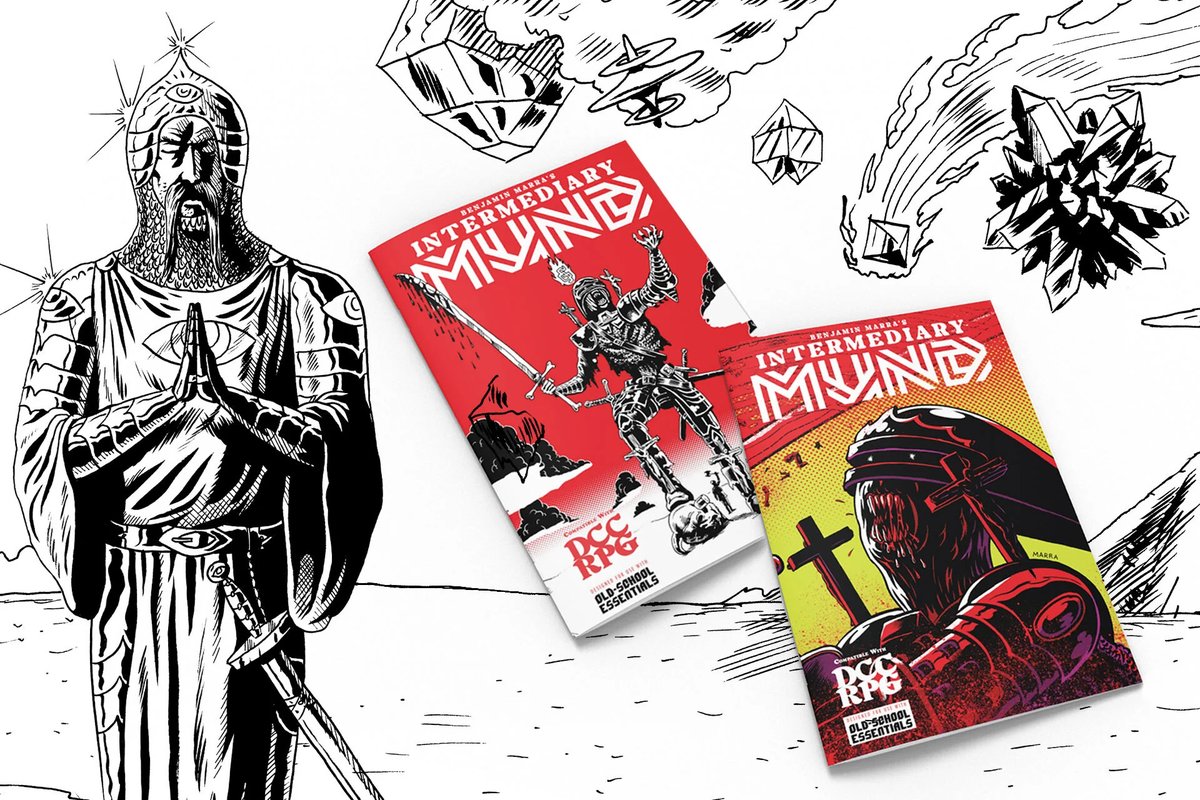 COMING SOON from Exalted Funeral! INTERMEDIARY MUND! A collection of my illustrations and prose chronicling campaigns I ran of DCC RPG. This book has stats of NPCs, Monsters, and Magic Items for both DCC RPG and OSE.  exaltedfuneral.com/products/inter…