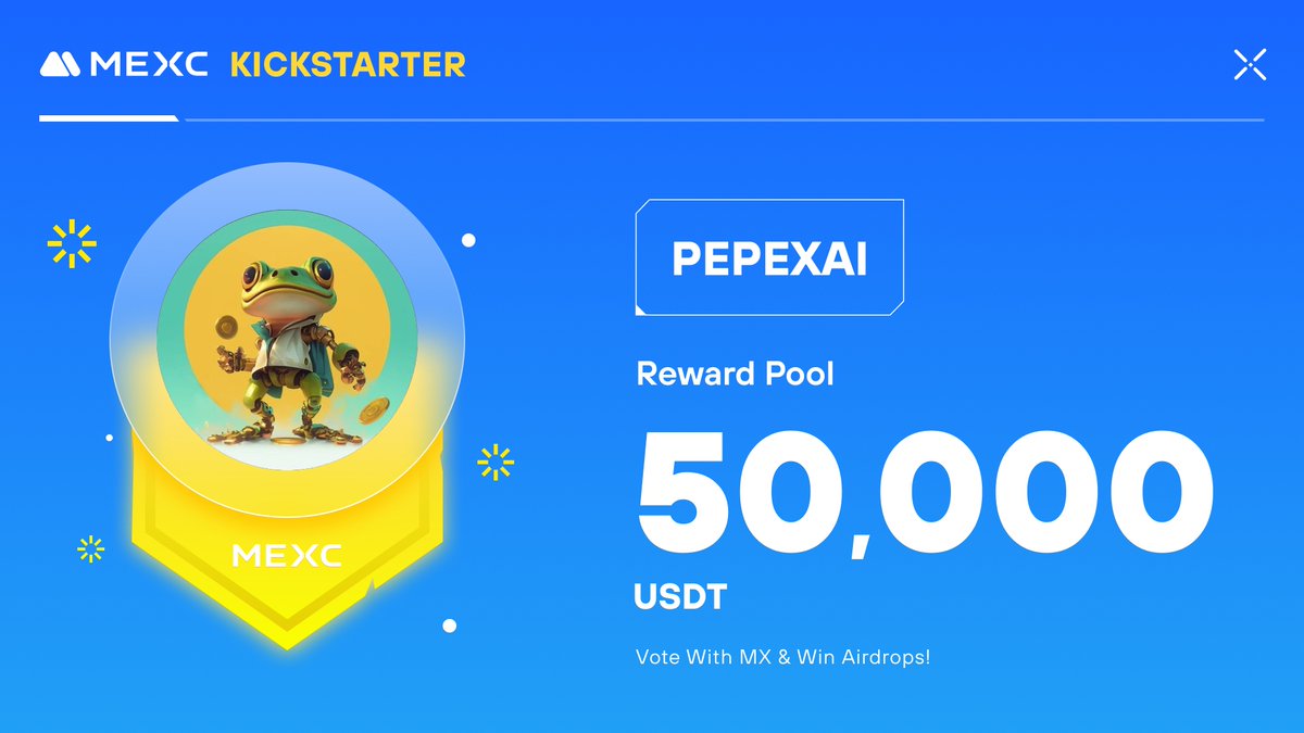 .<a href="/PEPEXAI_Ax/">PEPEXAI</a>, a next-level memecoin project on the blockchain, is coming to #MEXCKickstarter 🚀 

🗳Vote with $MX to share massive airdrops
📈 $PEPEXAI/USDT Trading: 2024-07-26 14:00 (UTC)

Details: mexc.com/support/articl…