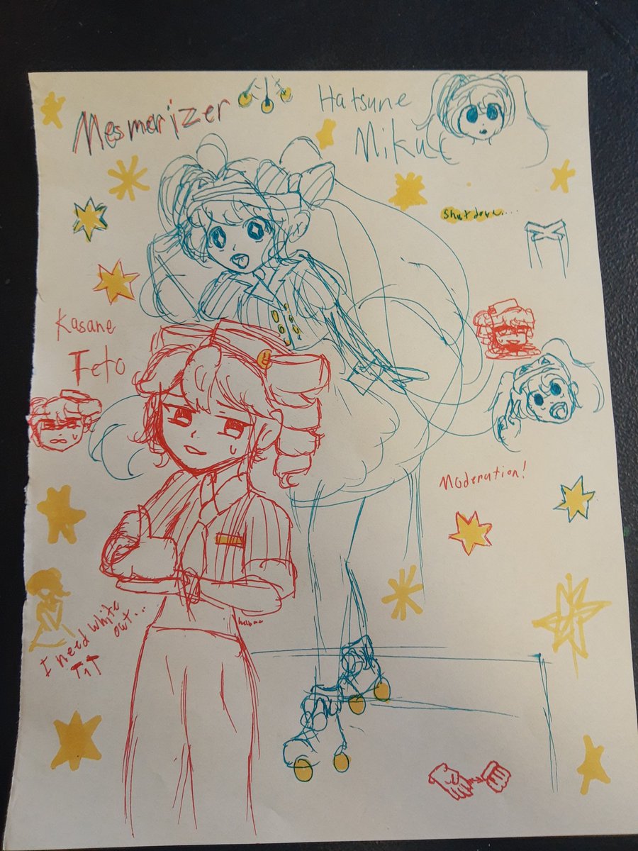Kaida_Jo's tweet photo. I drew Miku and Teto today. I couldn't fix a lot of the mistakes but that's part of the fun with pen drawings. #Miku #Teto #Mesmerizer https://t.co/pHHCB2HGD0