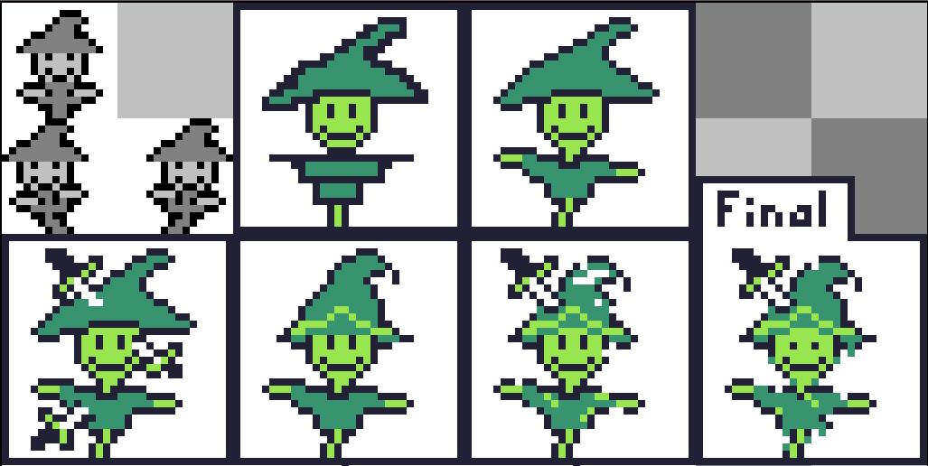 The best part about the Gameboy's graphical limitations is that even a programmer like me can draw something halfway presentable with some effort and iteration.
 ...Except for environmental tilesets. Those are still impossibly difficult.