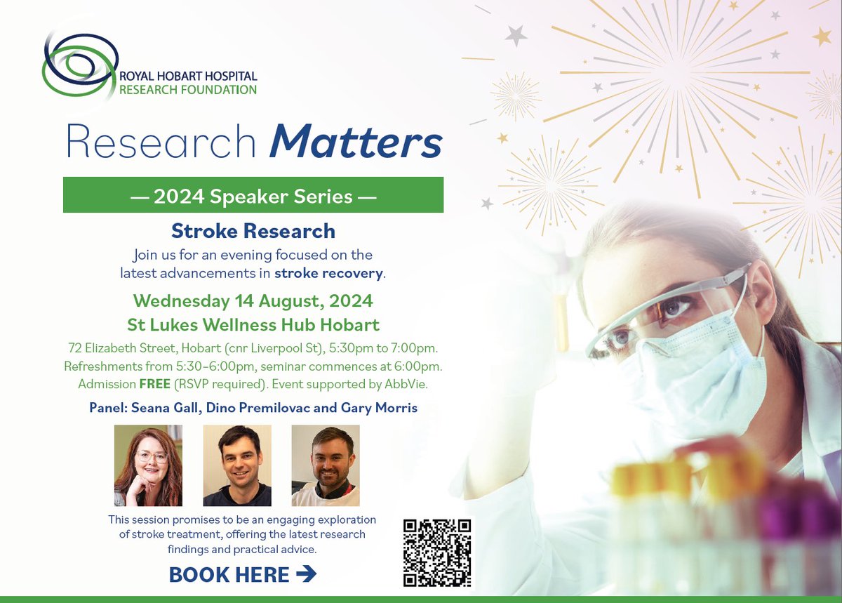 RHHresearch's tweet image. 🌟 Get ready for an exciting journey into the cutting-edge of stroke research! Join us, Dr @SeanaGall, Dr @DinoPremilovac, and Dr Gary Morris, for an informative evening at St Lukes Wellness Hub Hobart. Don’t miss out – RSVP today 👉 bit.ly/ResearchMatter…