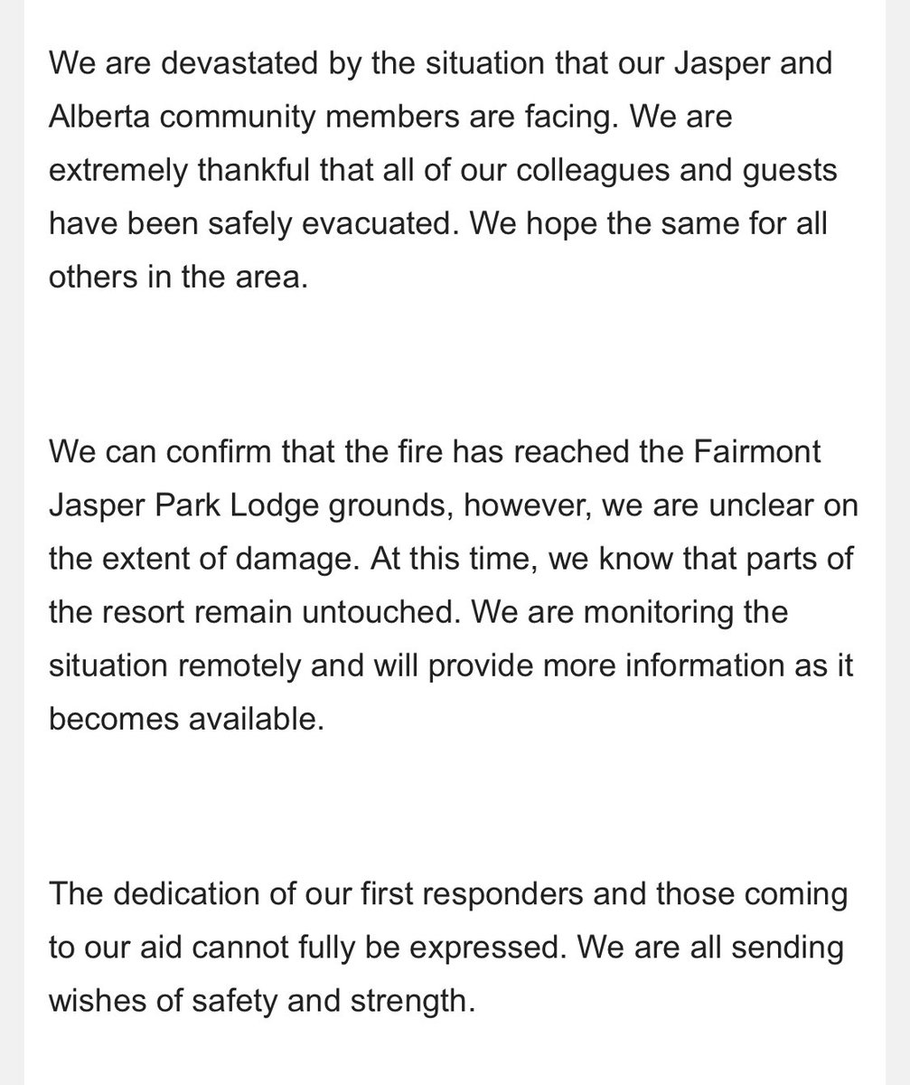 I just heard back from senior staff at Fairmont JPL:

"...We can confirm that the fire has reached the Fairmont #Jasper Park Lodge grounds, however, we are unclear on the extent of damage. At this time, we know that parts of the resort remain untouched."

Parts.

#JasperWildfire