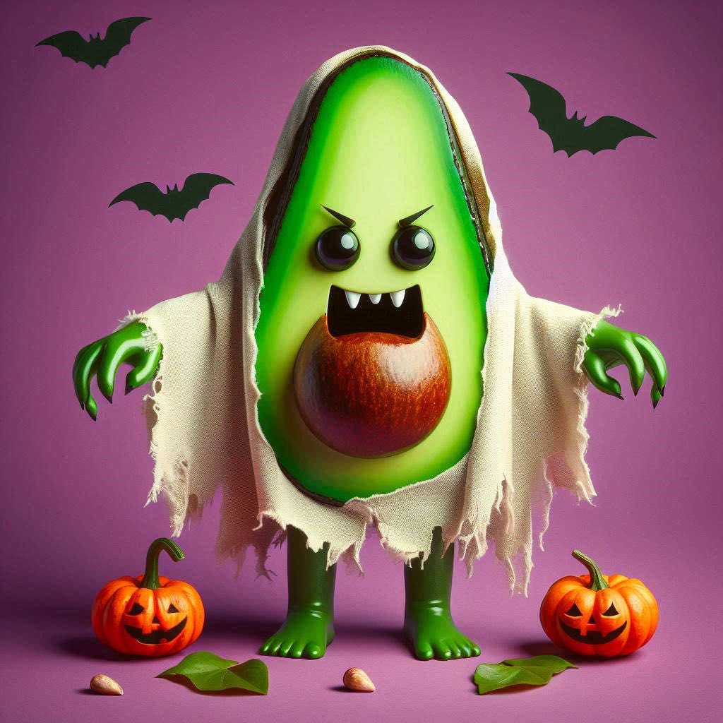 KhoroshN's tweet photo. Avocados 🥑 halloween set #avocado #cgart #halloween #aiart https://t.co/KxLEZF47f0