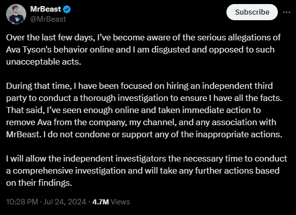 LightningFilms's tweet photo. MrBeast finally addressed the Ava Tyson allegations. Took u long enough. I think MrBeast is just as guilty, u knew about Ava's attraction to minors. Why keep it hush hush for so long?

I think MrBeast should hold himself accountable for letting this go on for as long as he did https://t.co/ANJVjtLbNS