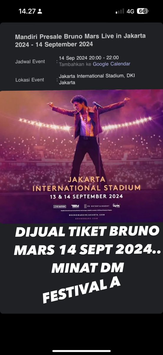 dewafebby's tweet photo. Dijual Ticket Bruno tgl 14.09.24 Festival A #brunomars #jualticketbrunomars #brunomarsjakarta #brunomarsindonesia #brunomarsJIS #DeadpoolAndWolverine #tiketbrunomars #ticketbrunomars https://t.co/eMb6Kxxnd7