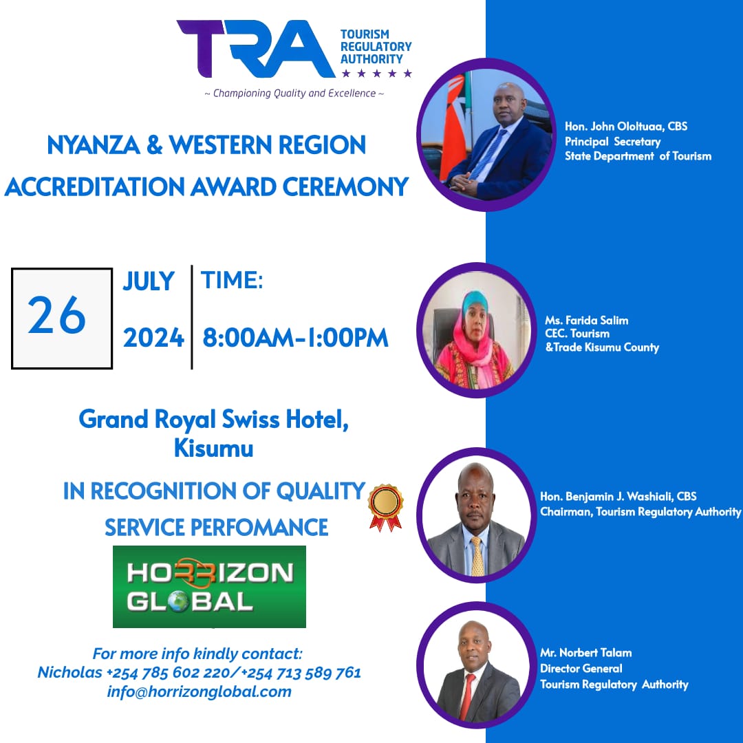 TRA_ke's tweet photo. We are not done yet, another accreditation award ceremony is happening tomorrow at the Grand Royal Swiss Hotel, Kisumu.
Welcome All.
@Min_TourismKE  @TRA_ke https://t.co/w2uIcFqHPb