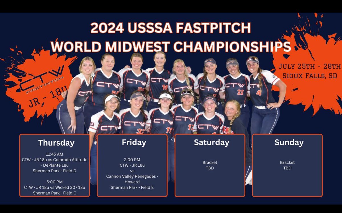 Morgan Trent (@morgantren20) on Twitter photo This weekend, my team will be competing in the World Midwest Championships Tournament in Sioux Falls, SD. Here is our schedule—hope to see you there! <a href="/CTW18UJR/">CTW 18U JR</a> <a href="/msoe_softball/">MSOE Softball</a> <a href="/Miners_SB/">S&T Softball</a> <a href="/Harding_SB/">Harding Softball</a> <a href="/UWPlattSoftball/">UW-Platteville Softball</a> This weekend, my team will be competing in the World Midwest Championships Tournament in Sioux Falls, SD. Here is our schedule—hope to see you there! <a href="/CTW18UJR/">CTW 18U JR</a> <a href="/msoe_softball/">MSOE Softball</a> <a href="/Miners_SB/">S&T Softball</a> <a href="/Harding_SB/">Harding Softball</a> <a href="/UWPlattSoftball/">UW-Platteville Softball</a>