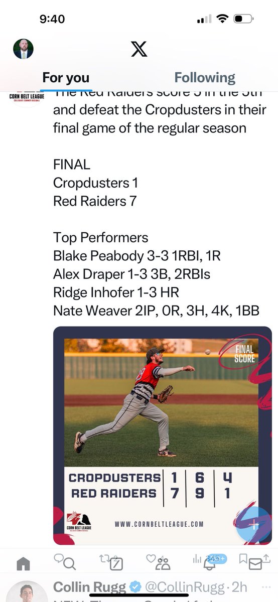 cspeabs's tweet photo. @PeabodyBlake has had a great summer in his last summer collegiate league. Last night was their last regular season game and the team heads into this weekends tourney with the 1st place seed. He has been a staple at 3rd base all summer. https://t.co/6uAFFx5n3V