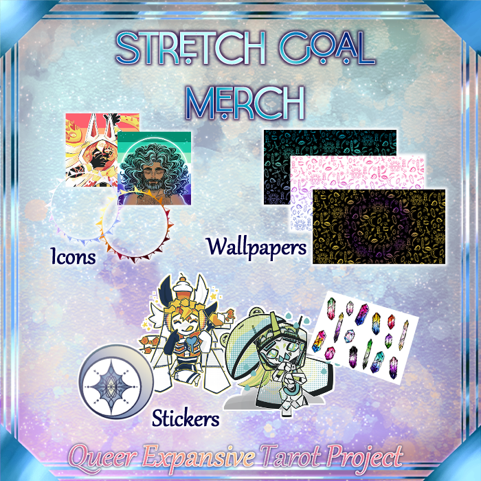 QueerExTarot's tweet photo. 🌙Here's a preview of some of our stretch goal merch! We have about 12 hours left and have actually hit our first unlock, lets see if we can make it further!🌙 https://t.co/C9xtlxcnaX