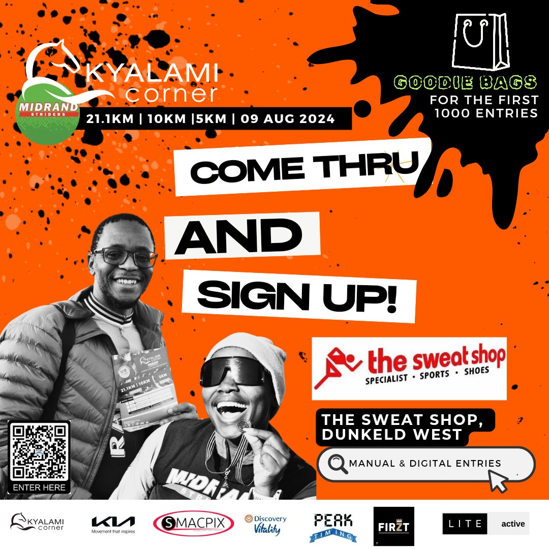 midrandstriders's tweet photo. Come thru and sign upπ
πββοΈπββοΈ manual entries at @the_sweatshop_za, Dunkeld West.
-
@kyalami_corner @midrandstriders Half Marathon (21.1km | 10km | 5km fun run)
#HalfMarathon #MidrandStriders #GreenMambaEffectππ₯ #RoadToKyalamiCornerMidrandStridersHalfMarathon https://t.co/3fGVPyKXX9
