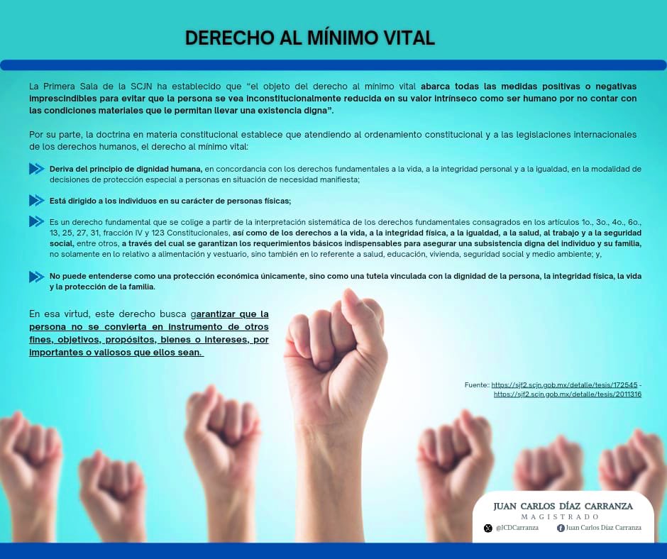 JCDCarranza's tweet photo. 📌 DERECHO AL MÍNIMO VITAL 

La doctrina en materia constitucional permite tener en cuenta que el derecho al mínimo vital “constituye el derecho a gozar de unas prestaciones e ingresos mínimos que aseguren a toda persona su subsistencia y un nivel de vida digno, así como la satisfacción de las necesidades básicas.”

Este derecho se fundamenta en:

✅La dignidad humana
✅La solidaridad
✅La libertad
✅La igualdad material