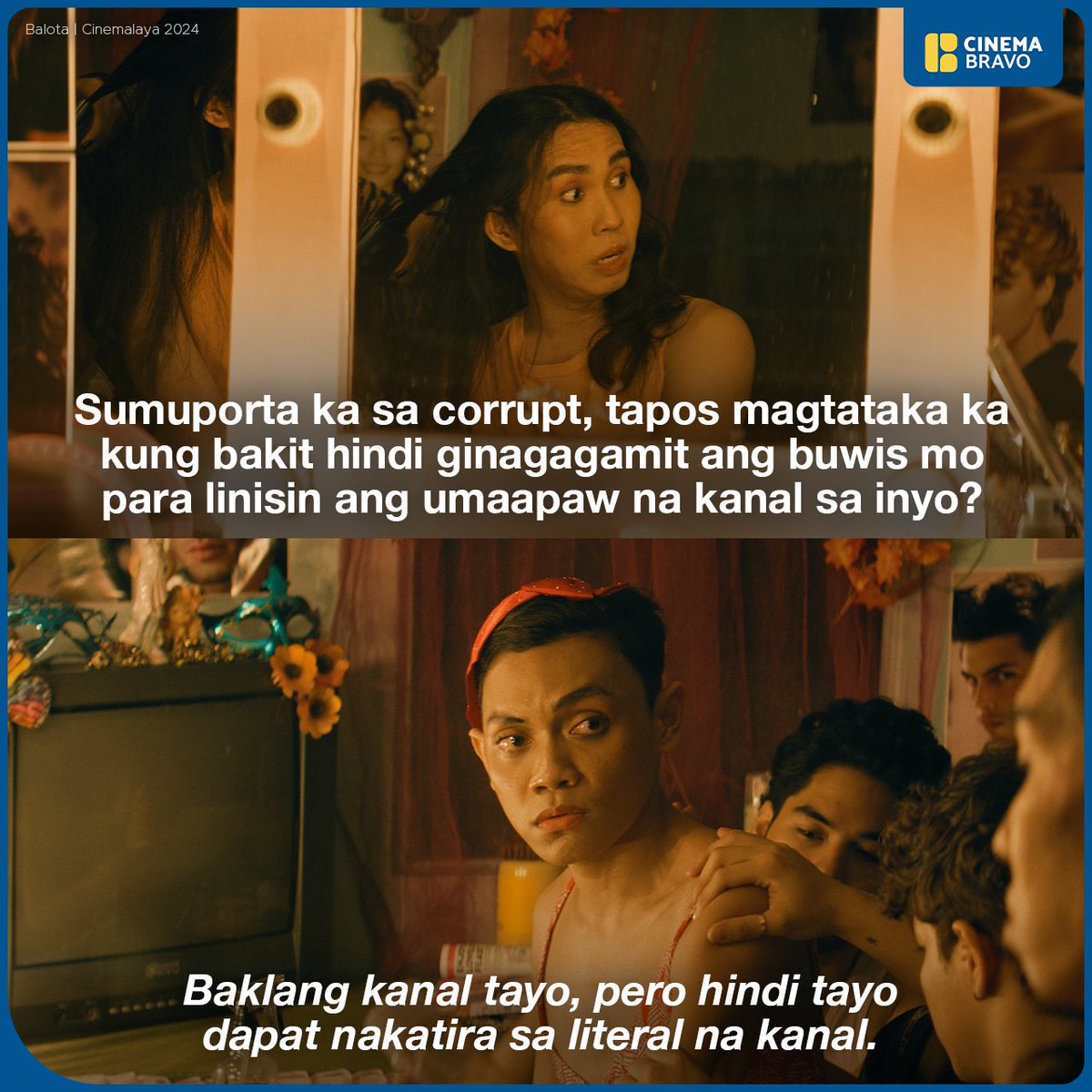 cinemabravoph's tweet photo. Sassa Gurl to Esnyrrr: "Sumuporta ka sa corrupt tapos magtataka ka kung bakit hindi ginagagamit ang buwis mo para linisin ang umaapaw na kanal sa inyo? Baklang kanal tayo, pero hindi tayo dapat nakatira sa literal na kanal."

~ Balota (#Cinemalaya2024)
Starring Marian Rivera in a film by Kip Oebanda
@Itssassagurl @esnyrrr @cinemalayaoffcl