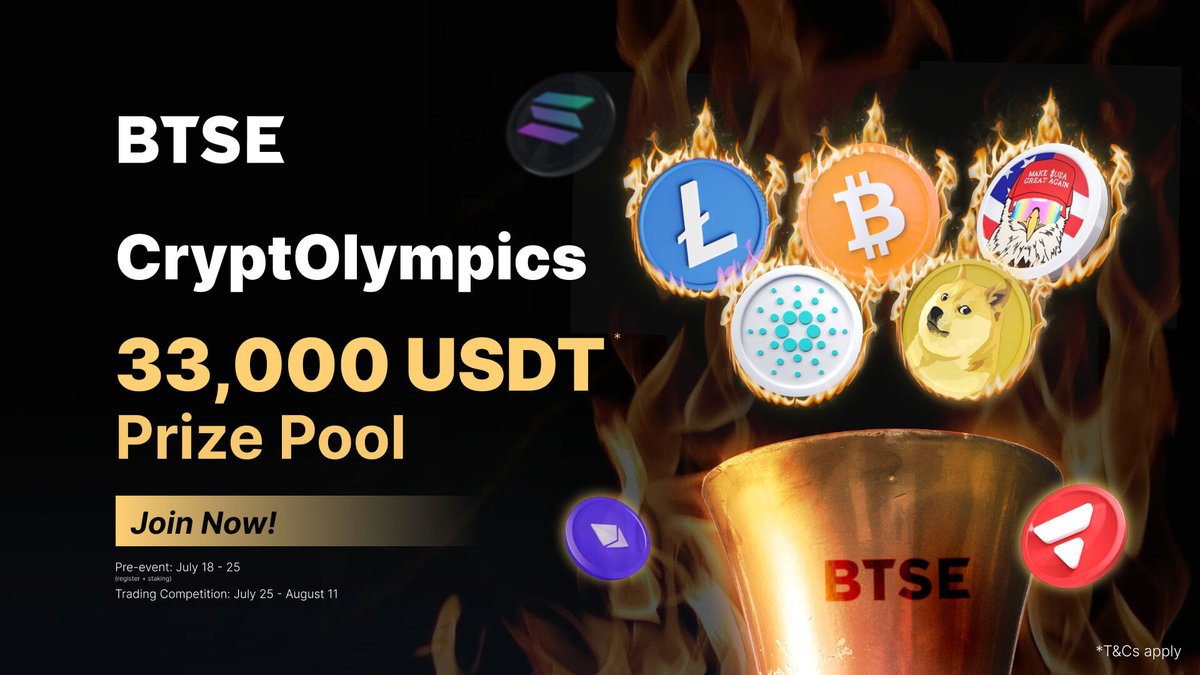 BTSE_Official's tweet photo. The BTSE CryptOlympics 2024 trading competition is here! π
Trade your favorite tokens and split up to 33,000 $USDT in prizes. Join the trading competition and light up the torch of victory! π₯
Join Now π―:
https://t.co/AqyjU2PCEZ
#CryptOlympics #Crypto #TradingCompetition https://t.co/uNKxwcbTXw