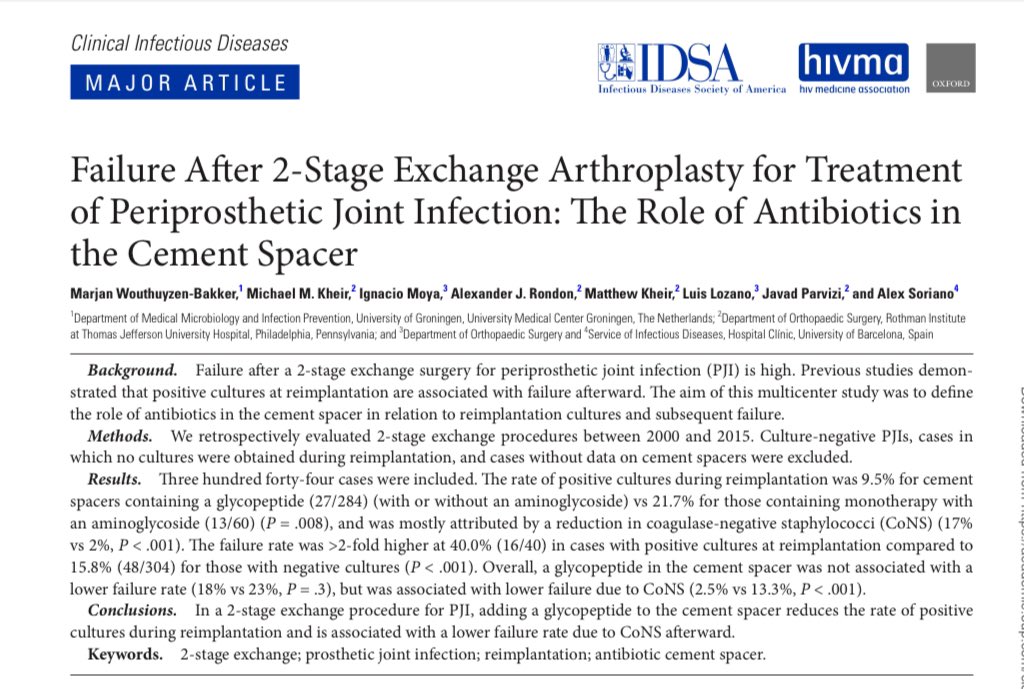 Takahiro Matsuo (Taka), MD (@takamatsuo_id) on Twitter photo 【The Role of Antibiotics in the Cement Spacer】<a href="/CIDJournal/">Clinical Infectious Diseases</a> 2019
🤔Question from Ortho colleague
👉N=344, 2-stage PJI
👉Glycopeptide to the cement spacer ↓+cultures during reimplantation/↓failure due to CoNS
pubmed.ncbi.nlm.nih.gov/30281077/
<a href="/MayoClinicINFD/">Mayo Clinic Infectious Diseases</a> #OrthoID #Teachingrounds 【The Role of Antibiotics in the Cement Spacer】<a href="/CIDJournal/">Clinical Infectious Diseases</a> 2019
🤔Question from Ortho colleague
👉N=344, 2-stage PJI
👉Glycopeptide to the cement spacer ↓+cultures during reimplantation/↓failure due to CoNS
pubmed.ncbi.nlm.nih.gov/30281077/
<a href="/MayoClinicINFD/">Mayo Clinic Infectious Diseases</a> #OrthoID #Teachingrounds