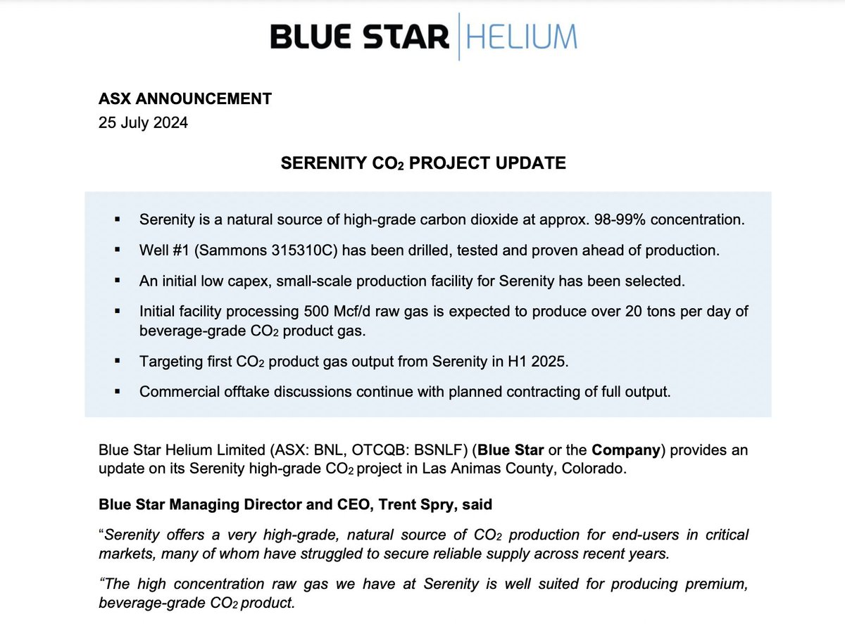 Aiming to tap into the multi-billion dollar beverage grade CO2 market, @HeilumBlue (#ASX: $BNL; #OTCQB: $BSNLF) has pegged CO2 production for H1 2025 from its Serenity Project 👉 bit.ly/4dg4wDo

#helium #carbonatedsoftdrinkscsdsmarket