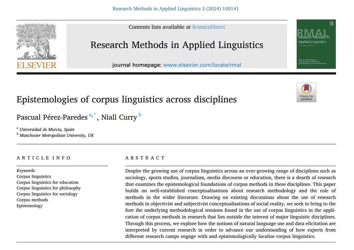 perezparedes's tweet image. Excited to see this @languagecorpora Open Access article online: "Epistemologies of #corpuslinguistics across disciplines" It's been fab to work with @NiallRCurry @MMU_Languages Thanks to the editors Lee McCallum et al & the reviewers for their comments! sciencedirect.com/science/articl…