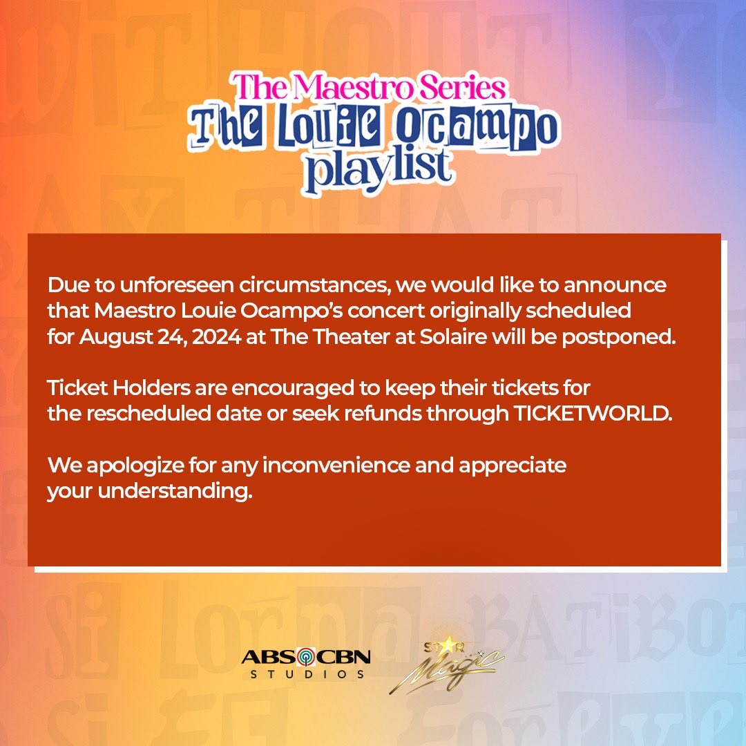 starmagicphils's tweet photo. ‼️ ANNOUNCEMENT regarding ✨The Maestro Series: The Louie Ocampo Playlist✨

Thank you for your understanding 🙏🏻 https://t.co/0Mt9OmBpNR